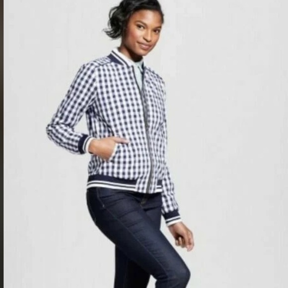 Gingham MERONA BomberJacket Navy & White Zip up Long Sleeve preppy checked Large - Picture 1 of 8